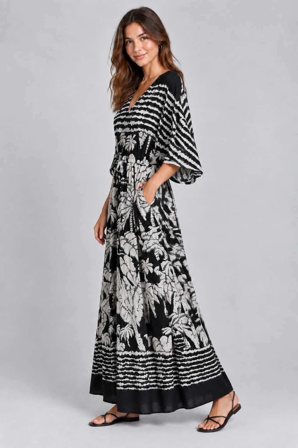 Tropical Leaf Print Dress - Black & White