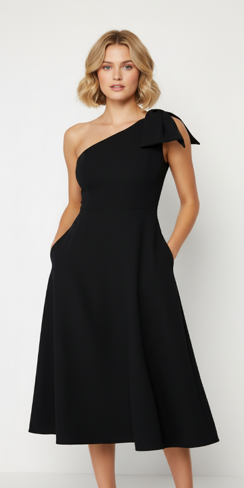 One-Shoulder Bow Dress - Black