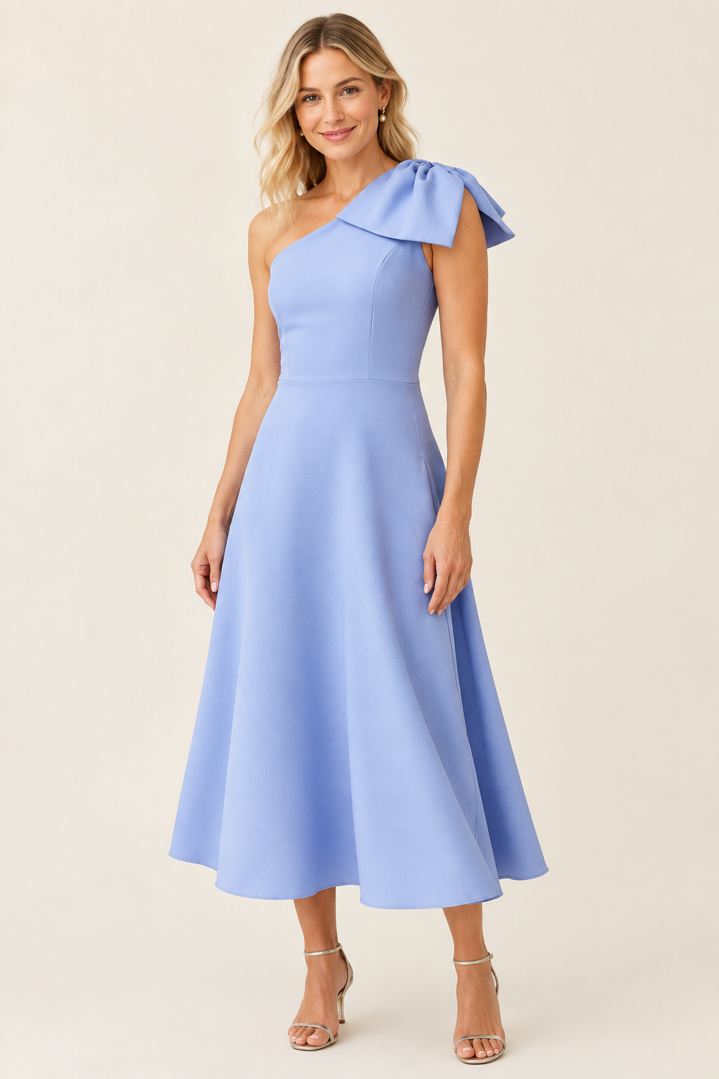 Blue bow dress, front three-quarter pose