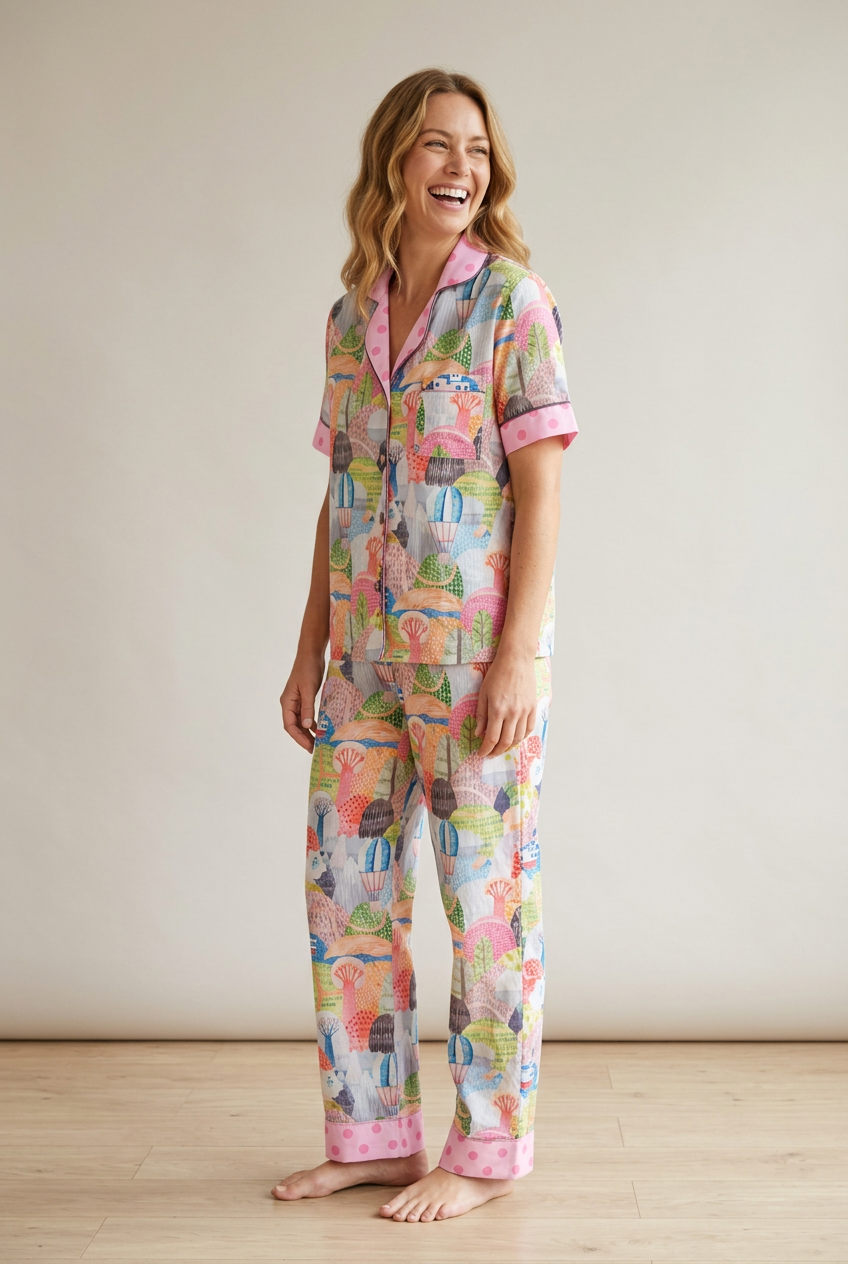 Geometric pyjama set, relaxed three-quarter portrait