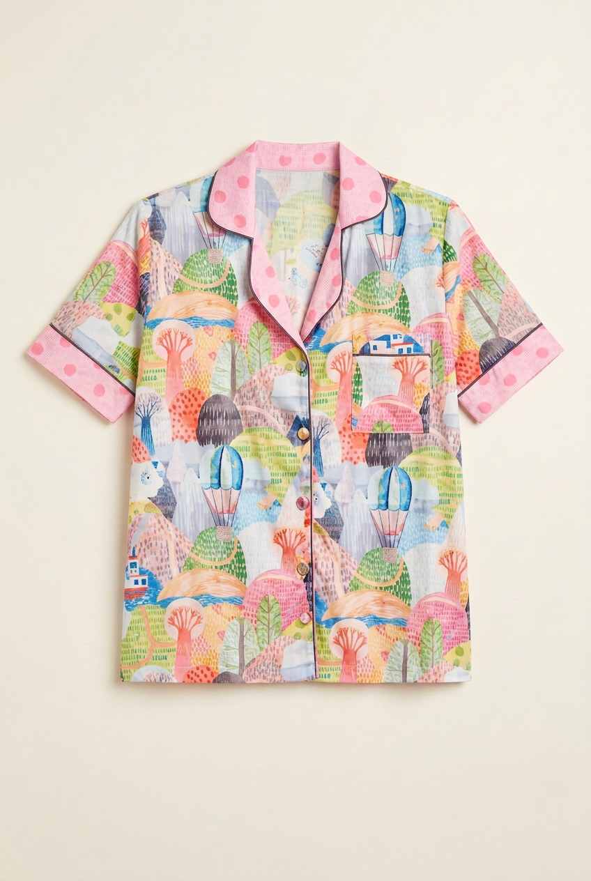 Geometric pyjama top flat lay without neck label
