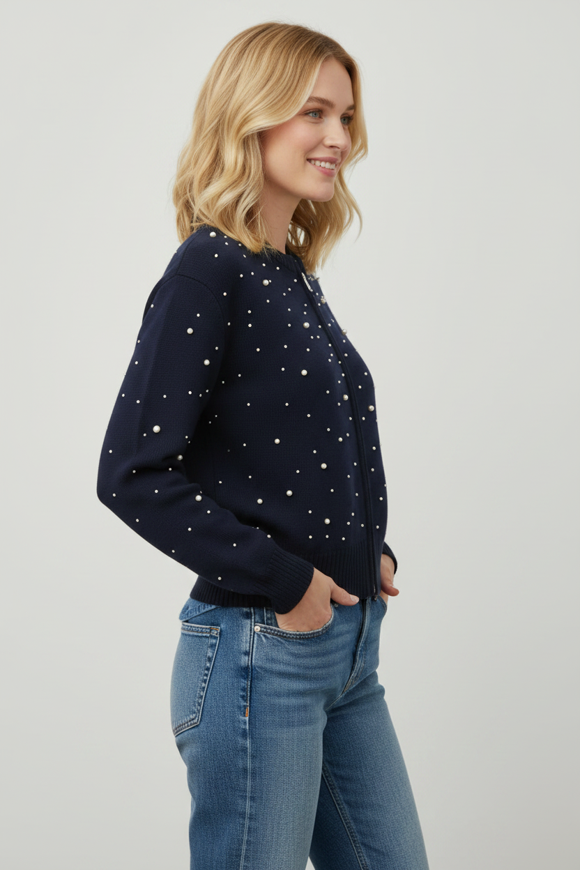 Pearl Knitted Bomber Navy - Side