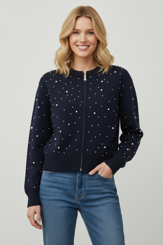 Pearl Knitted Bomber - Navy Studio Shot