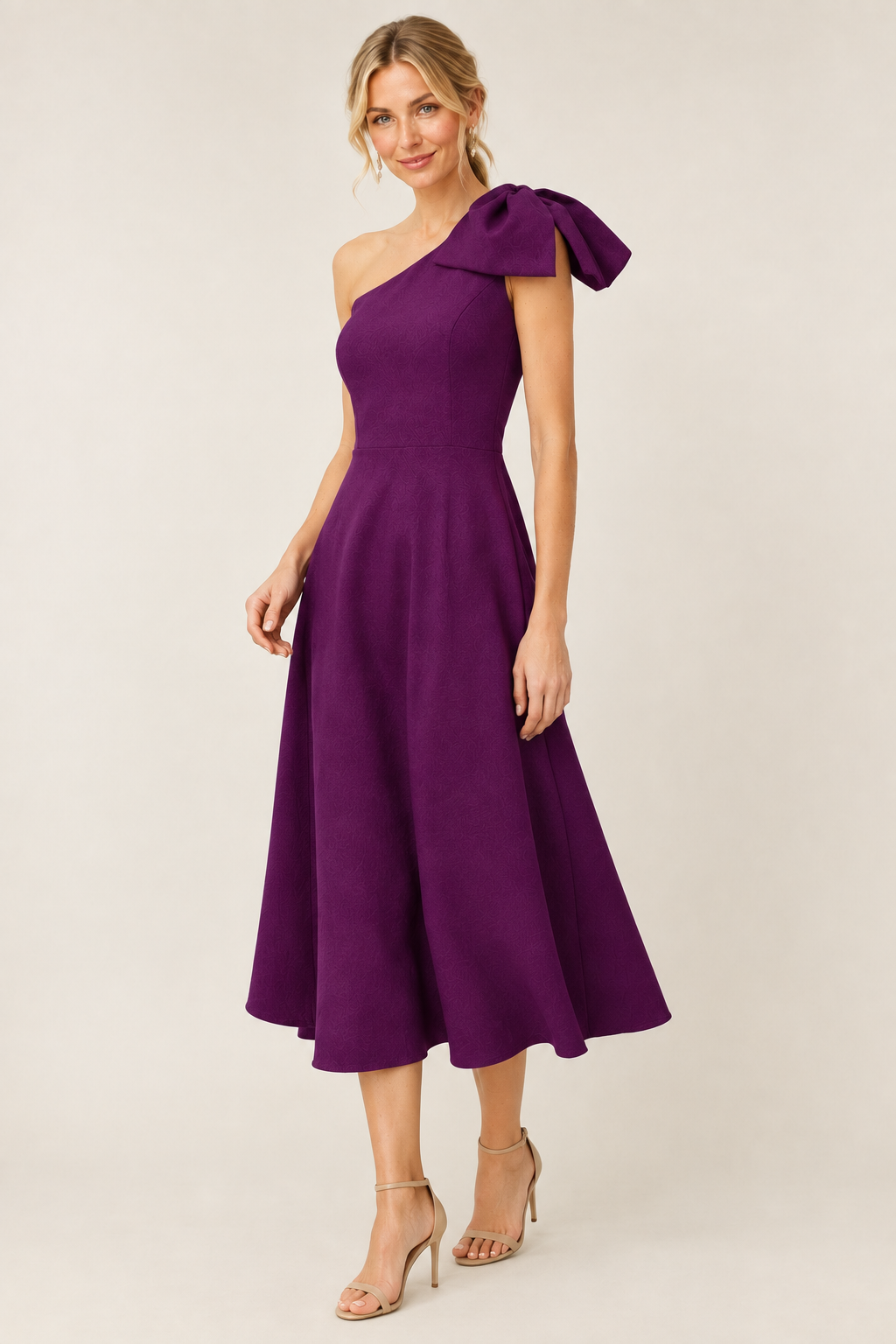 Plum bow dress, three-quarter side angle