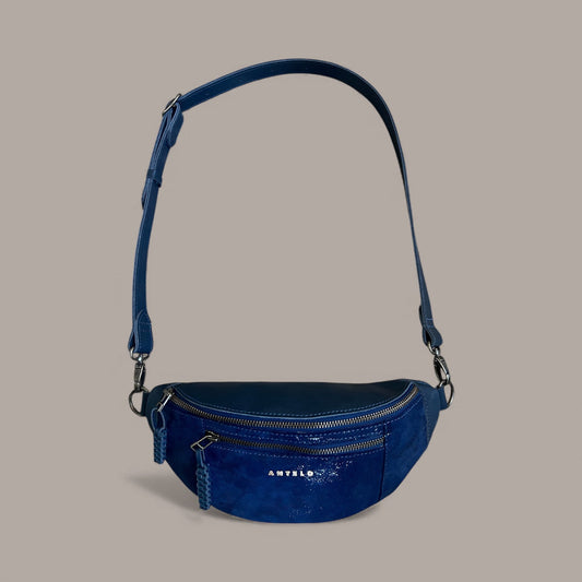 Antelo River adjustable leather moon bag vintage indigo metallic camo