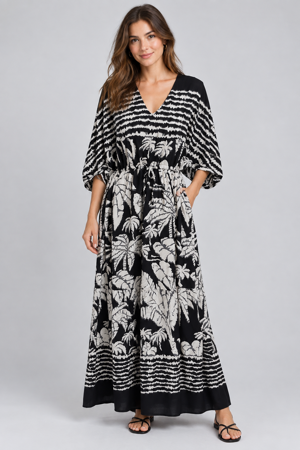 Tropical Leaf Print Dress - Black & White