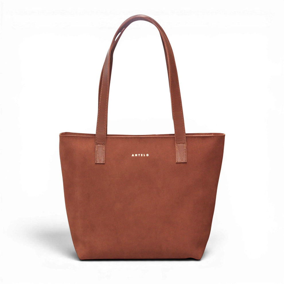 Antelo Emmy Unlined Tote Zip Bag Cognac Suede Cider Tan
