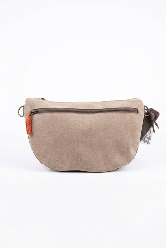 Antelo Ayla Adjustable Half Moon Crossbody Stone Suede Taupe & Orange