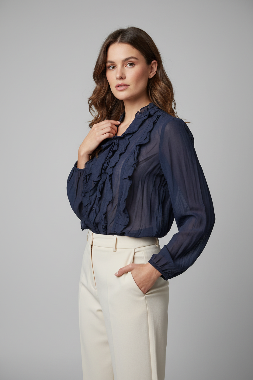 Ruffle Blouse Navy - Portrait