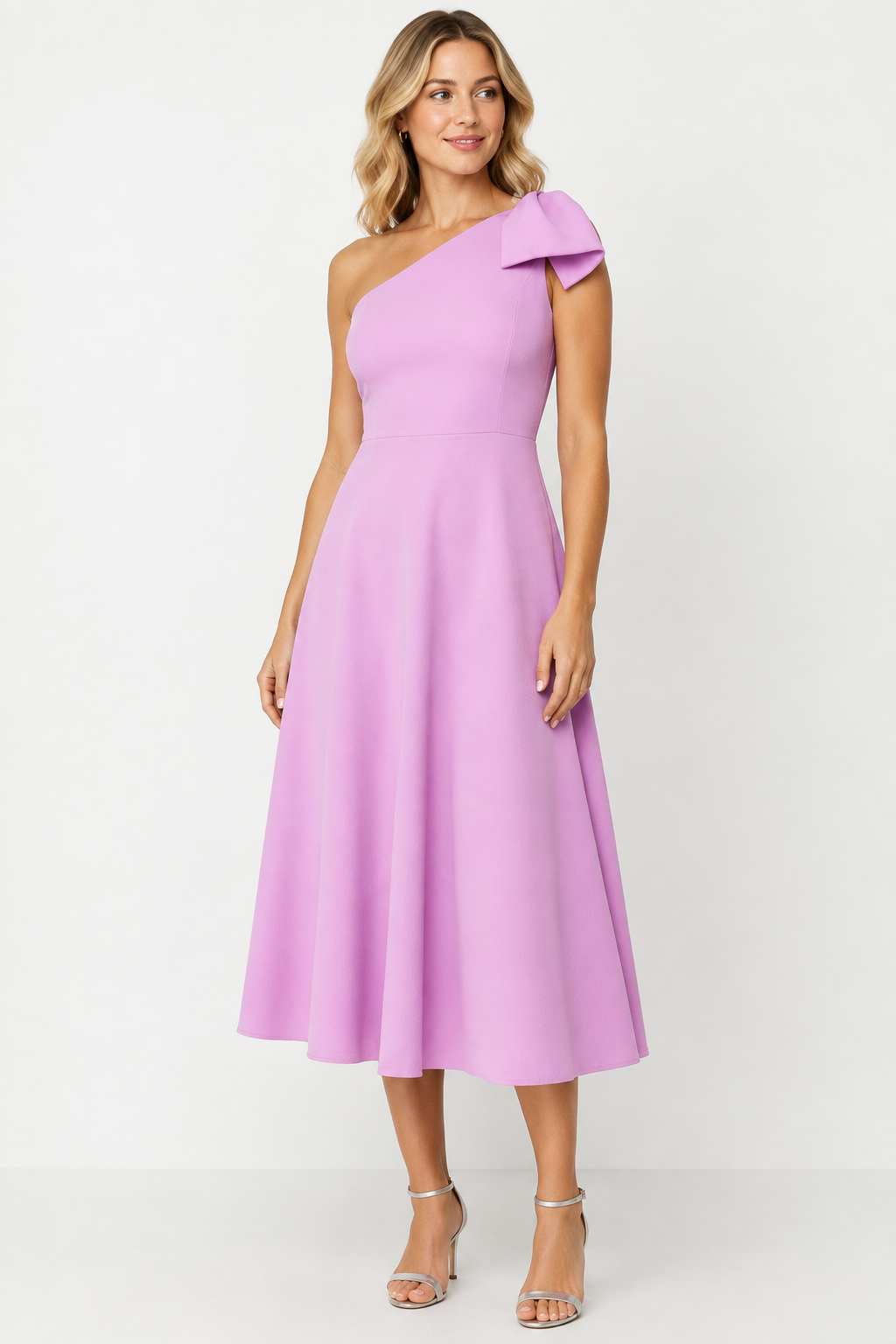 Violet bow dress, side-facing pose